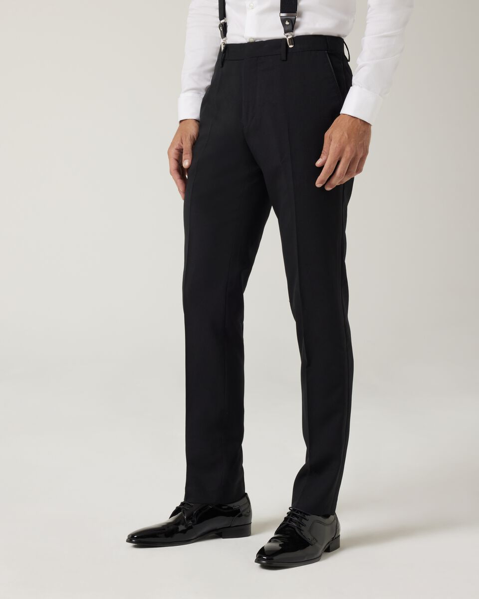 Slim fit premium wool silk tuxedo pant with satin side stripe, Black, hi-res